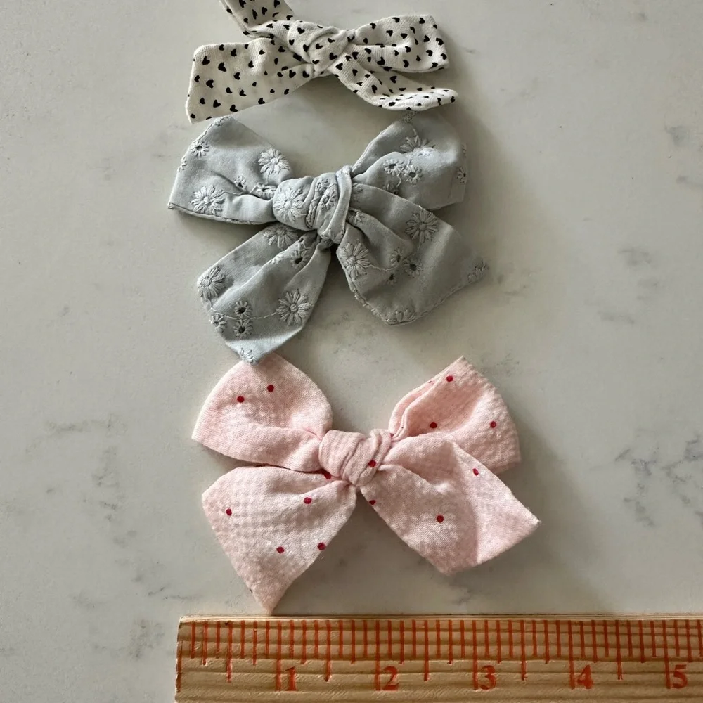 LITTLE POPPY CO COMPANY Lot 3 Bows Pink Black & White Hearts Gray Blue Clips
